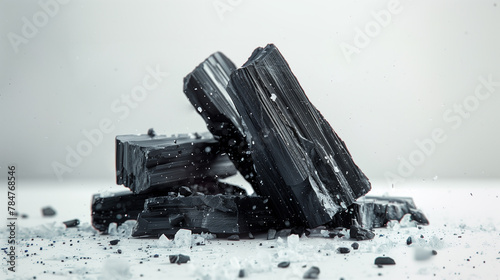 Charcoal, realistic coal or carbon piece particles with salt crystals in 3D background. Black charcoal or bituminous coal with dust powder in macro closeup photo