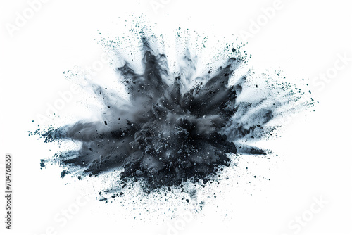 Charcoal, realistic coal or carbon piece particles explosion with powder splash on 3D background. Black charcoal or bituminous coal with dust powder explode in macro closeup