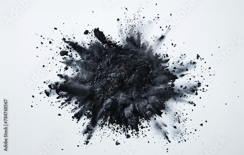 Charcoal, realistic coal or carbon particles explosion with powder splash on 3D background. Black charcoal dust or graphite powder explode