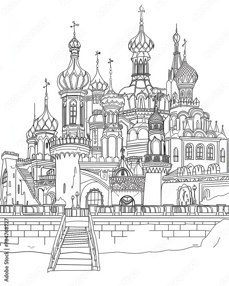 Russian Architecture Castle Coloring Book Page. Generative AI.