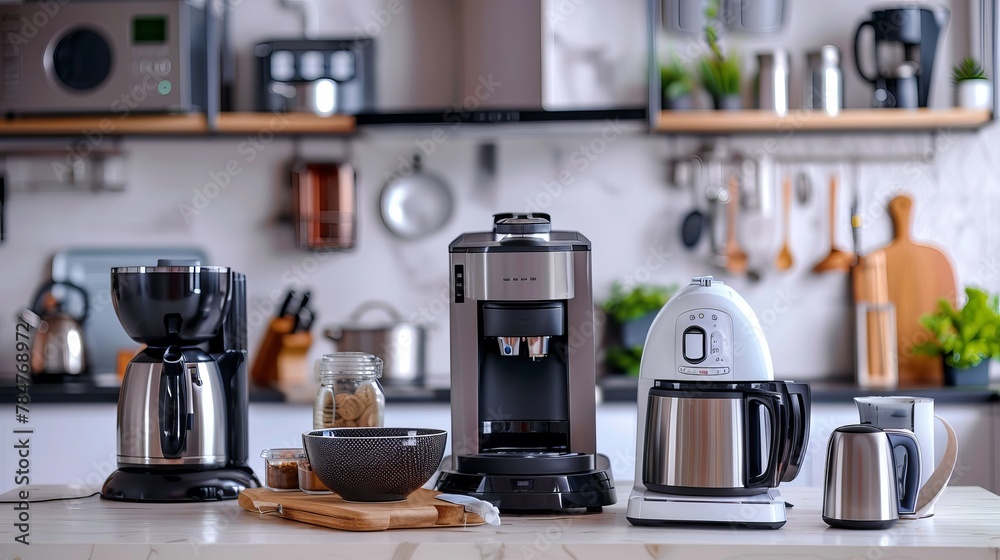 Various household appliances are placed on the kitchen table, offering a convenient arrangement for easy access and organization. Various household appliances are placed on the kitchen table, offering a convenient arrangement for easy access and organization.