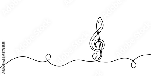Music clef one line. Art note. Continuous lineart drawing. Hand draw concert. Oneline vocal icon. Concept school musical notes. Sketch black notes isolated on white background. Vector illustration photo