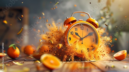 The orange alarm clock dissolves, marking the passage of time as it fades away. 