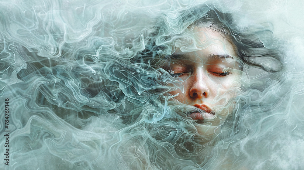 mental health awareness , a girl with her inner anxiety and depression covering her face smoke rough textured art Self care, love, acceptance concept.Mental health issue, 13 may