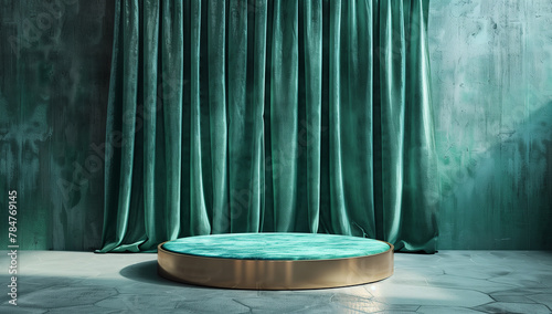 Sophisticated Jade Green Velvet Drapery with Modern Round Wooden Stage for Elegant Displays and Chic Interior Themes