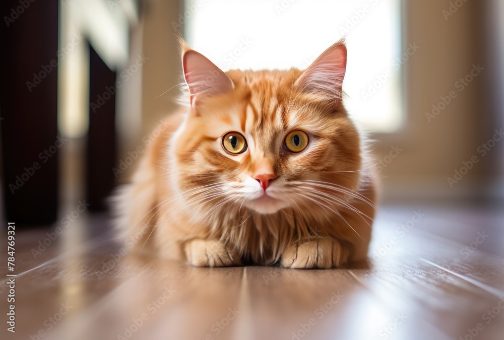 Beautiful ginger cat lying on the floor, looking at the camera