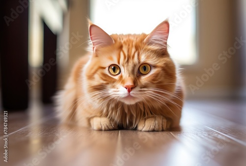 Beautiful ginger cat lying on the floor, looking at the camera © Gorilla Studio