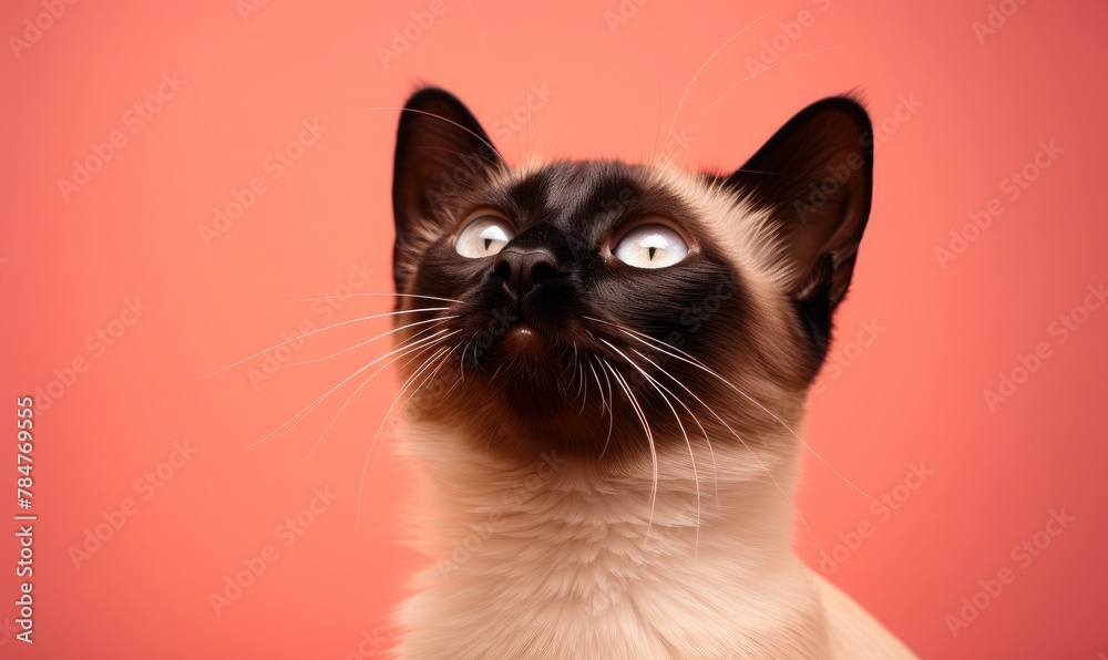 Close-up portrait of a siamese cat on a red background Close-up portrait of a siamese cat on a red background