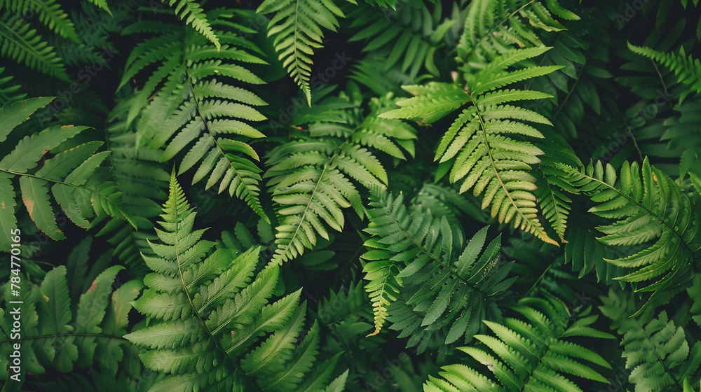 Close up wild green fern leaves in the forest, beautiful nature background. Texture wallpaper 