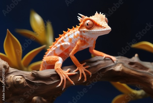 Chameleon on a branch on a dark background close-up