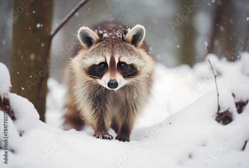Portrait of a raccoon in winter forest. Wildlife scene from nature.