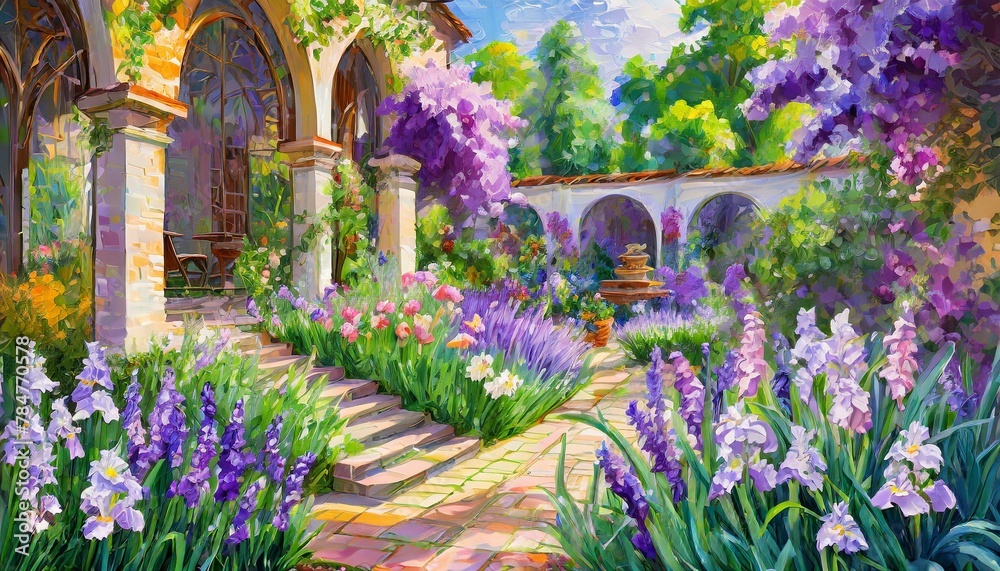 tranquil garden courtyard filled with  beautiful colorful flowers