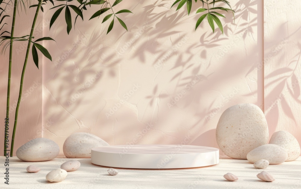3D rendering of a viewing platform with tropical leaves and a scene of coral and stones. Product concept and advertising promotion. Natural background 3D rendering of a viewing platform with tropical leaves and a scene of coral and stones. Product concept and advertising promotion. Natural background