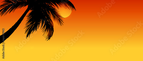 Sunny sunset on the seashore with palm tree silhouette.Summer beach. Banner poster flyer.Minimal modern design.Vector illustration.