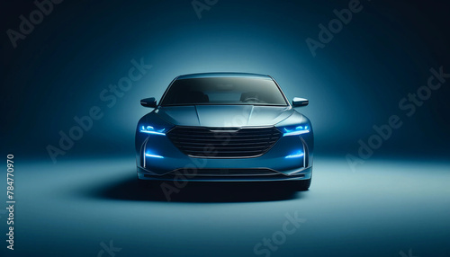 A generic and brandless sleek blue model car on a blue background