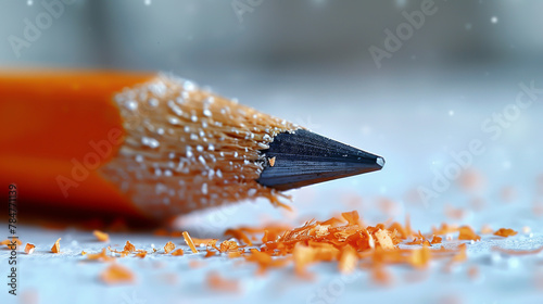 Close-up of an orange pencil with shavings presented on a white surface. The concept of the beginning of the school year. photo