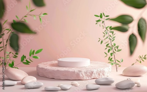 3D rendering of a viewing platform with tropical leaves and a scene of coral and stones. Product concept and advertising promotion. Natural background