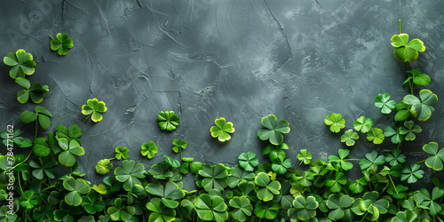 Trefoil on a gray background, located along the edges. Empty space for text. Flat lay photography of St. Patrick's Day decorations.
