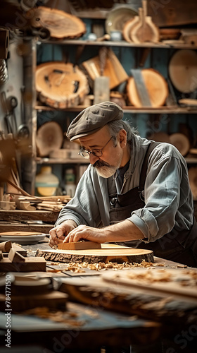 studio shot of A carpenter working on traditional wooden furniture, realistic travel photography, copy space for writing