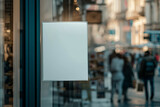 Shop boutique showcase window with blank white advertising poster sign mockup and reflection of people walking in city shopping street