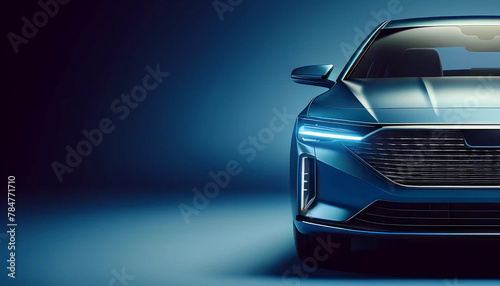 Front view of a generic and brandless sleek blue model car on a blue background