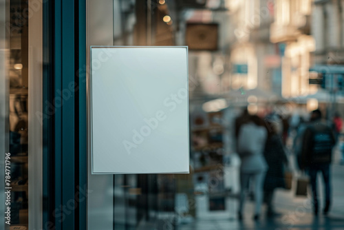 Shop boutique showcase window with blank white advertising poster sign mockup and reflection of people walking in city shopping street