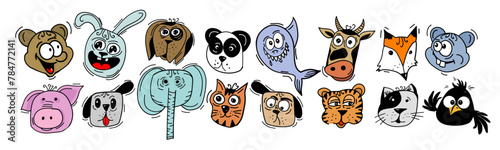 Animal faces set funny. hand drawing. Not AI, Vector illustration.