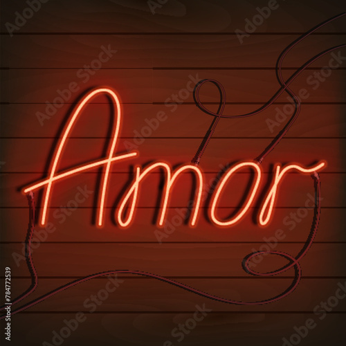 Neon word love in spanish and portuguese. A bright red sign on a wooden wall. Element of design for a happy Valentine s day. Vector illustration
