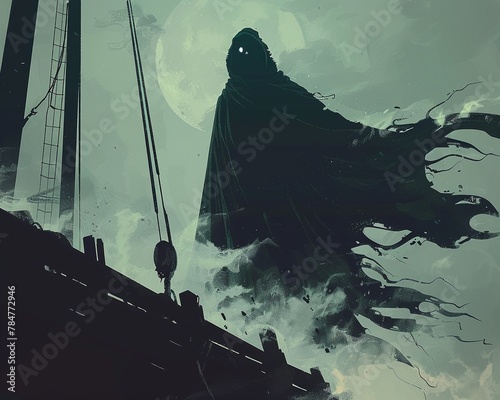 A black pirate ghost haunting the docks of an old Caribbean port, his laughter echoing in the wind