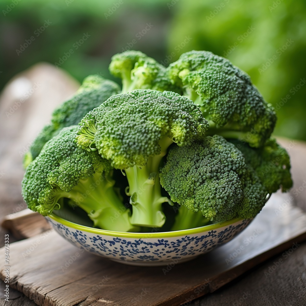 Fresh green broccoli in a bowl on a wooden table