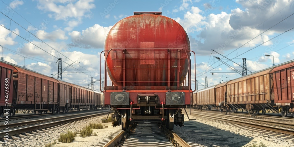 freight train on rails Generative AI - obrazy, fototapety, plakaty 