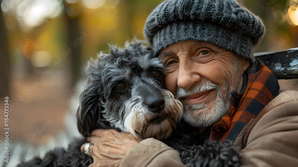 Gray-haired man with beard and cap hugs his gray-haired dog, sitting on a bench in the park Gray-haired man with beard and cap hugs his gray-haired dog, sitting on a bench in the park
