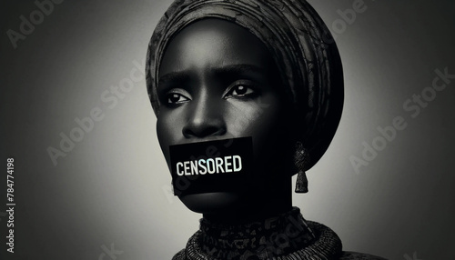 A woman with a black box across her mouth, on which CENSORED is clearly written photo