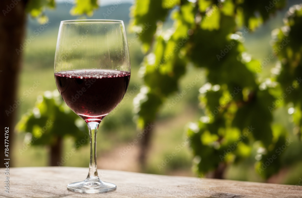 Zoom on a wine glass, droplets on the exterior, blurred vineyard landscape. AI generated.