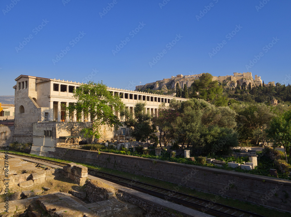 Ancient Agora, Stoa of Attalos and Acropolis Athens view in sunset colors 