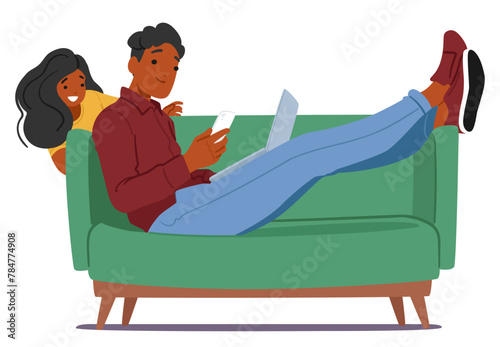 Relaxed Father Character Lying In Sofa, Engrossed In His Smartphone And Laptop, Browsing And Shopping Online