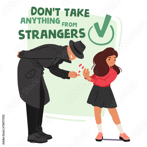 Suspicious Stranger Character In A Black Coat And Hat Offers Candy To A Little Schoolgirl, Who Wisely Refuses