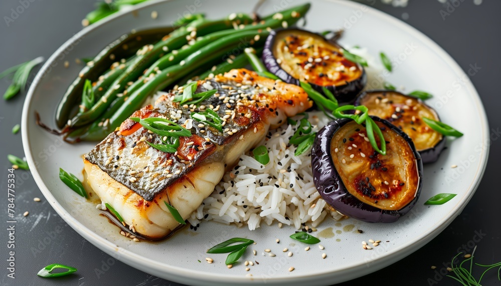 Pan-Seared Fish Fillet with Rice, Grilled Green Beans and Roasted Eggplant Slices Pan-Seared Fish Fillet with Rice, Grilled Green Beans and Roasted Eggplant Slices