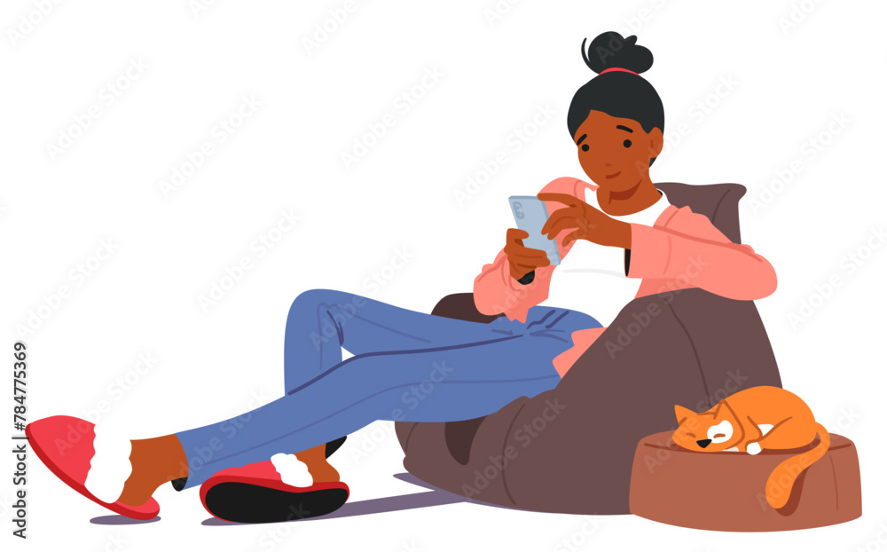 Woman Sits Comfortably In An Armchair, Engrossed In Her Mobile Device, Browsing And Shopping With Focused Attention - obrazy, fototapety, plakaty 