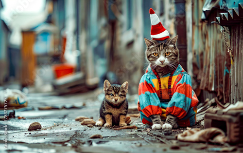 Cat sitting next to small kitten wearing clown costume on the street.