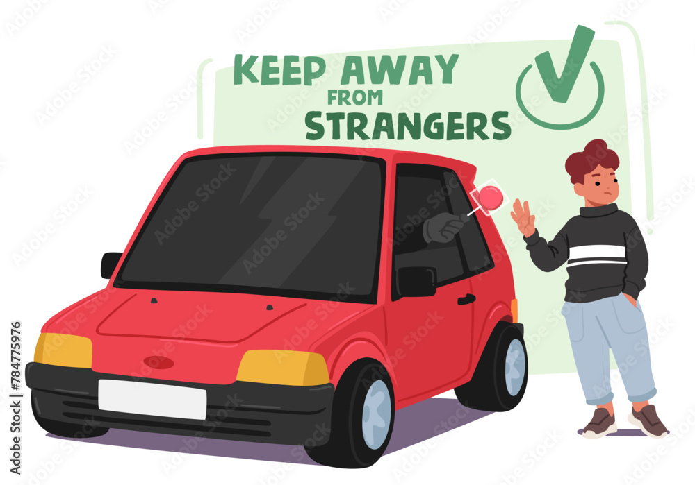 Keep Away From Strangers Rule. Kidnapper Character Entices Child With Candy From Car, Concept Teach Kids Keep Away From Strangers Rule. Kidnapper Character Entices Child With Candy From Car, Concept Teach Kids