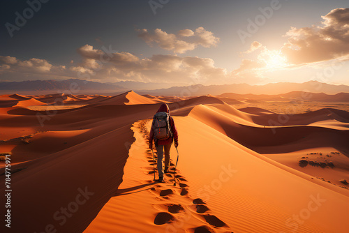 person walking in the desert  hiking in the desert dunes  middle east  africa