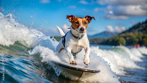 jack russell dog rides a wakeboard on the waves