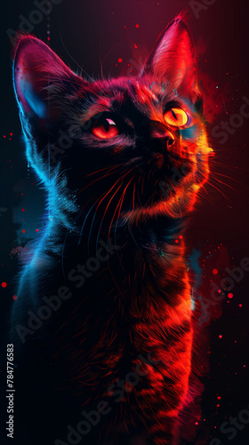 portrait of cat with eyes shinning on neon lights and black background