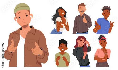 Set of Male and Female Characters Pointing Directly At The Viewer With A Playful, Inviting Gesture. People Smile Radiant