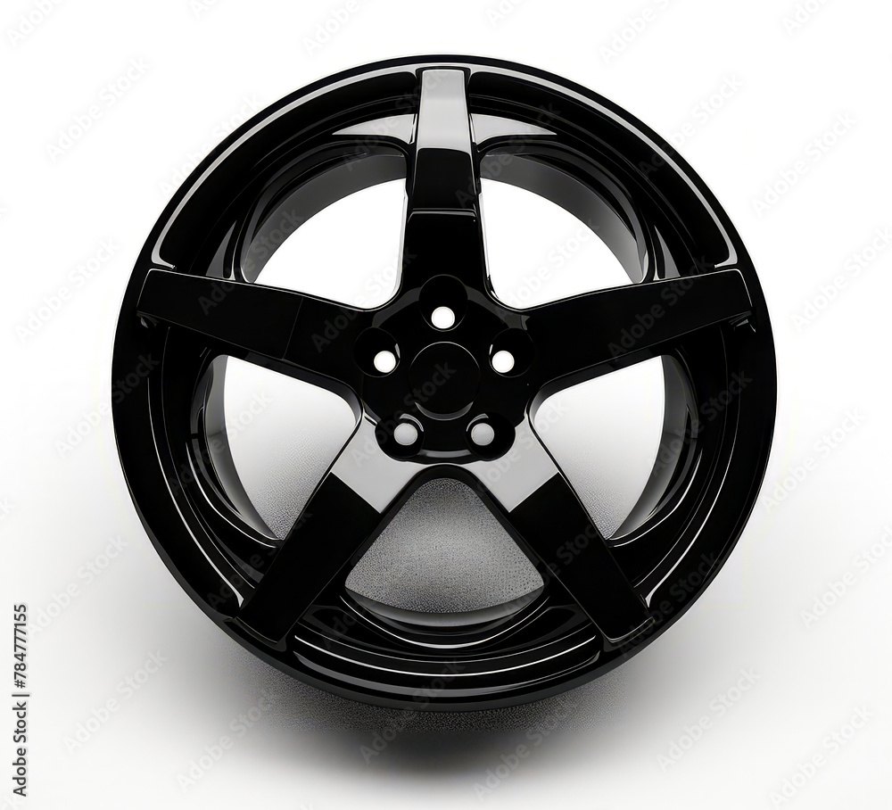 Obraz premium Black wheel on white background with reflection of the spokes.