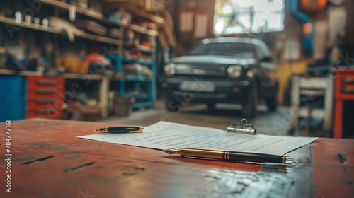 A close-up view of a car undergoing repairs in a garage, with a clear, sharp insurance policy document prominently displayed in the foreground.