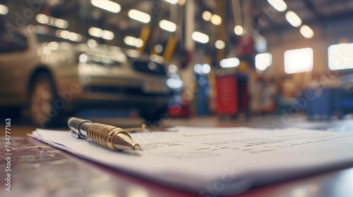 A close-up view of a car undergoing repairs in a garage, with a clear, sharp insurance policy document prominently displayed in the foreground. photo