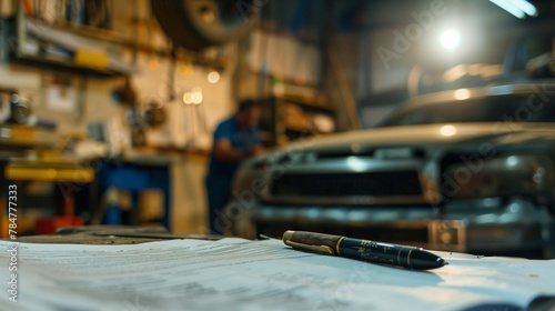 Wallpaper Mural A close-up view of a car undergoing repairs in a garage, with a clear, sharp insurance policy document prominently displayed in the foreground. Torontodigital.ca