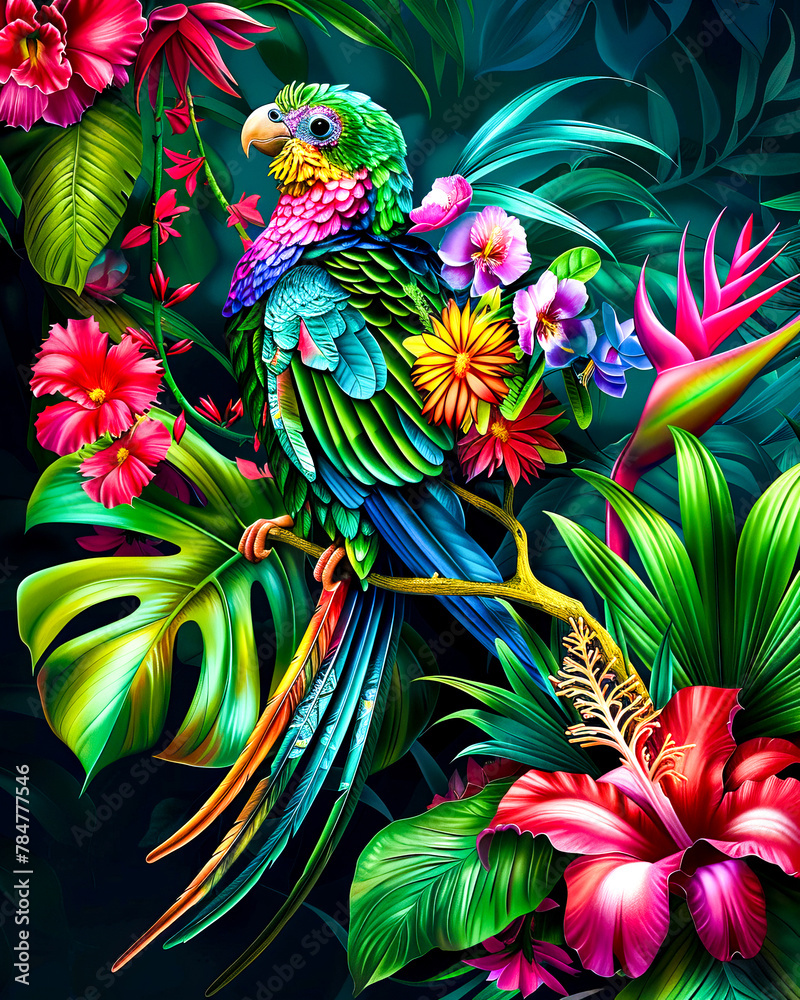 Painting of colorful bird sitting on branch surrounded by tropical flowers.